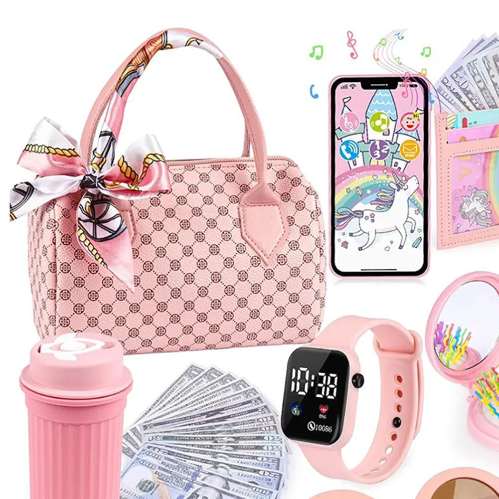 Little Girls Play Purse Kids Pretend Play Purse Cell Phone/Makeup/Keys Princess Makeup Cosmetic Set for Christmas Birthday Gift