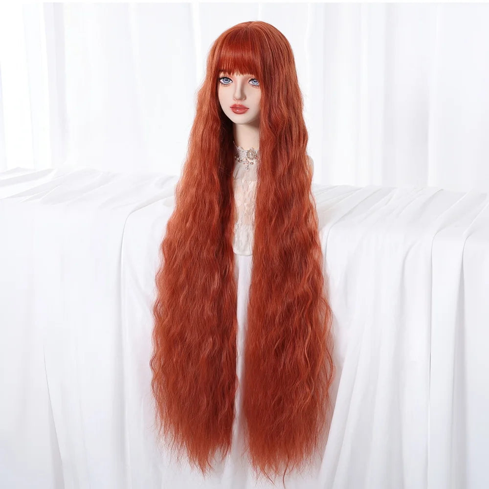 Copper Red Super Long Curly Synthetic Wig with Bangs Ginger Lolita Wavy Heat Resistant Cosplay Halloween Party Wigs for Women