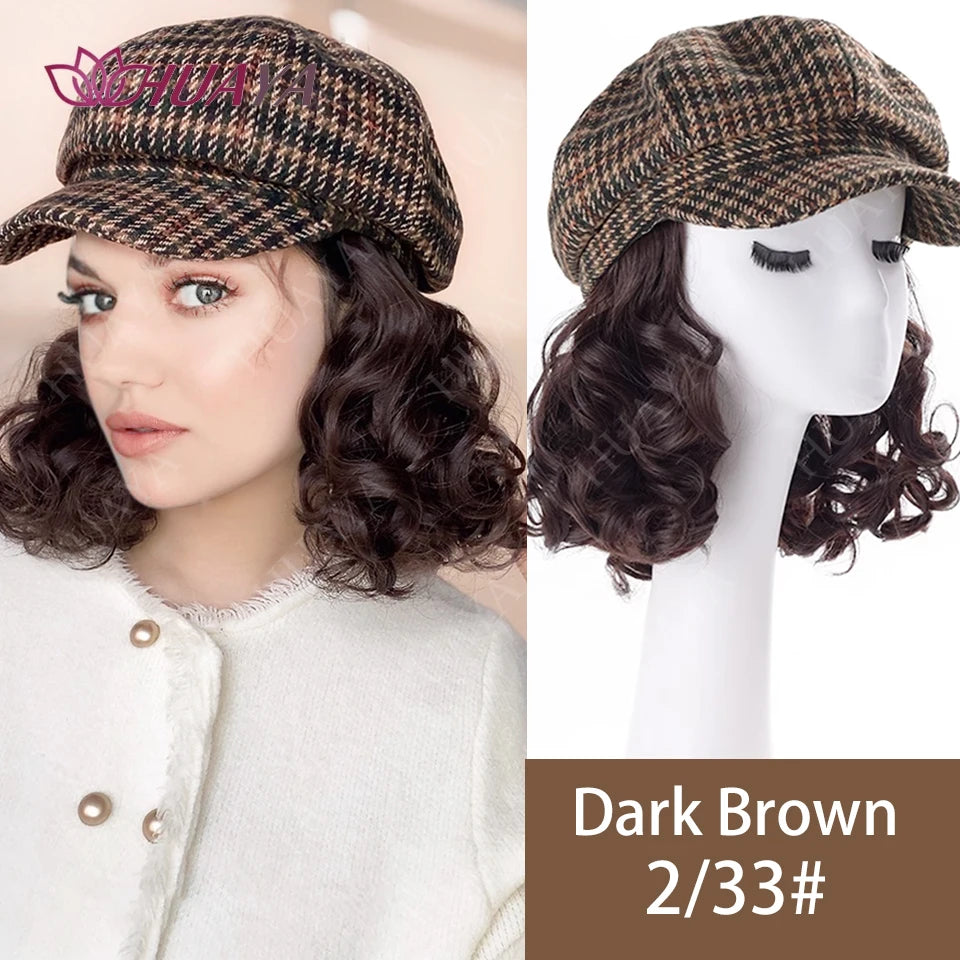 Synthetic Short Curly Wave Hat Wig for Women Fashion Beret Hair Extensions Autumn Winter Women Hat Wig Accessories