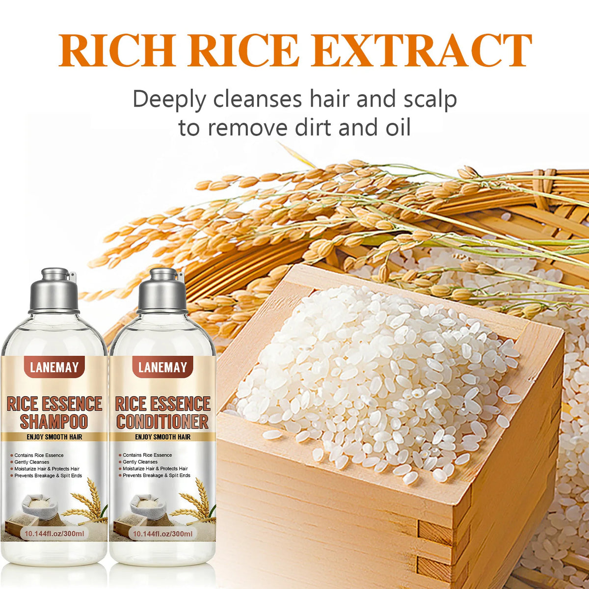Rice Essence Shampoo & Conditioner Set – Gentle Cleansing with Deep Moisturizing for Smooth, Tangle-Free Hair.