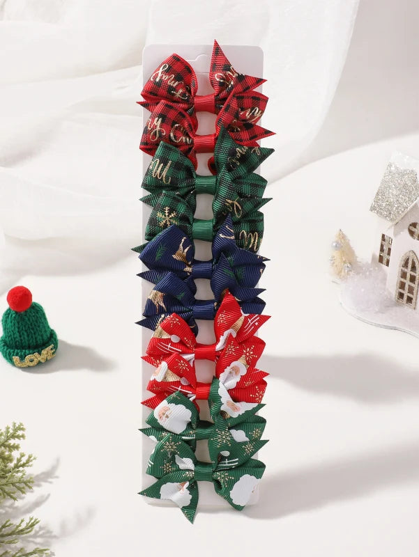 10Pcs Christmas Bow Hair Clips for Girls Santa Claus Print Ribbon Hairpins Boutique Party Cheer Kids Headwear Hair Accessories