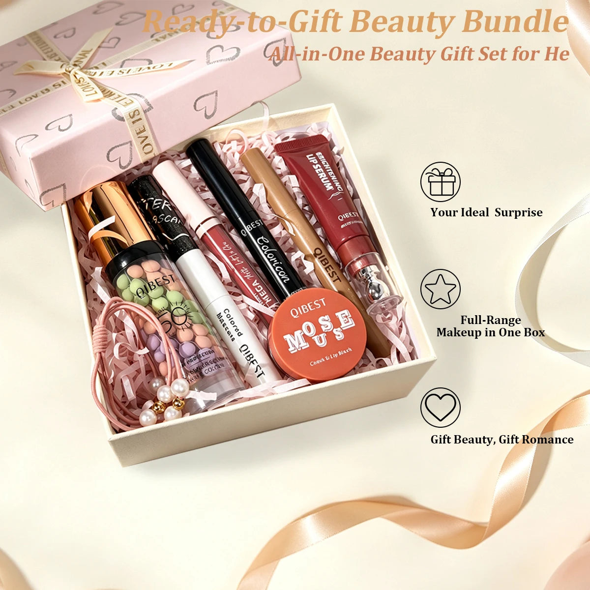 7-piece makeup set, lip gloss, lip liner, blush, eyeshadow, primer, mascara, makeup set, Christmas gift