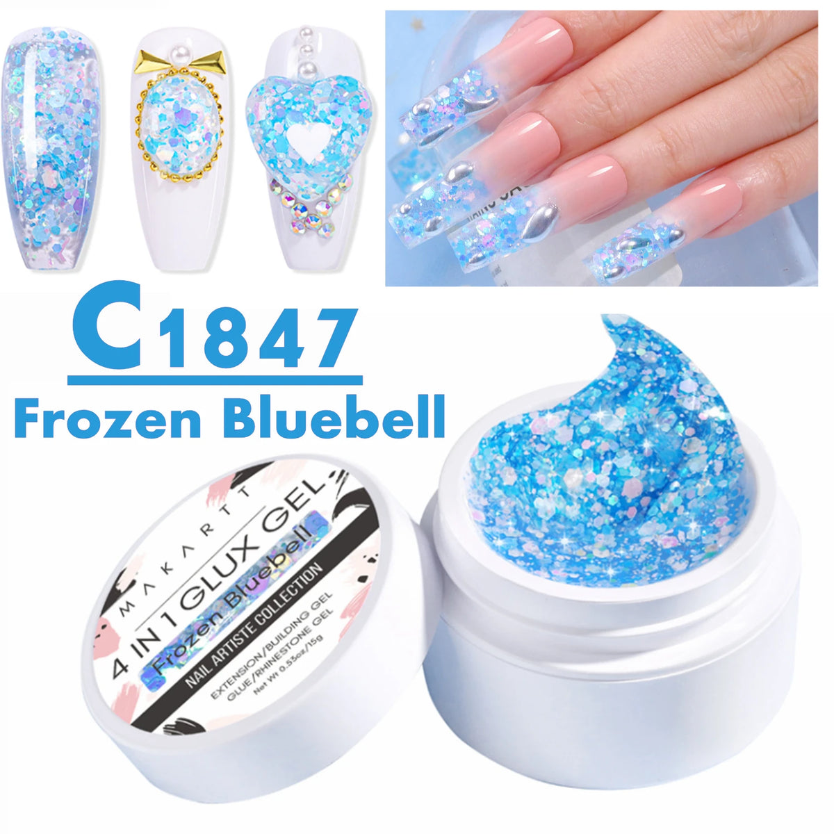 Makartt Solid Gel Builder: 4-in-1 Clear White Non-sticky for Extension 3D Sculpting Nail, UV Glue for Acrylic Tips, Rhinestones