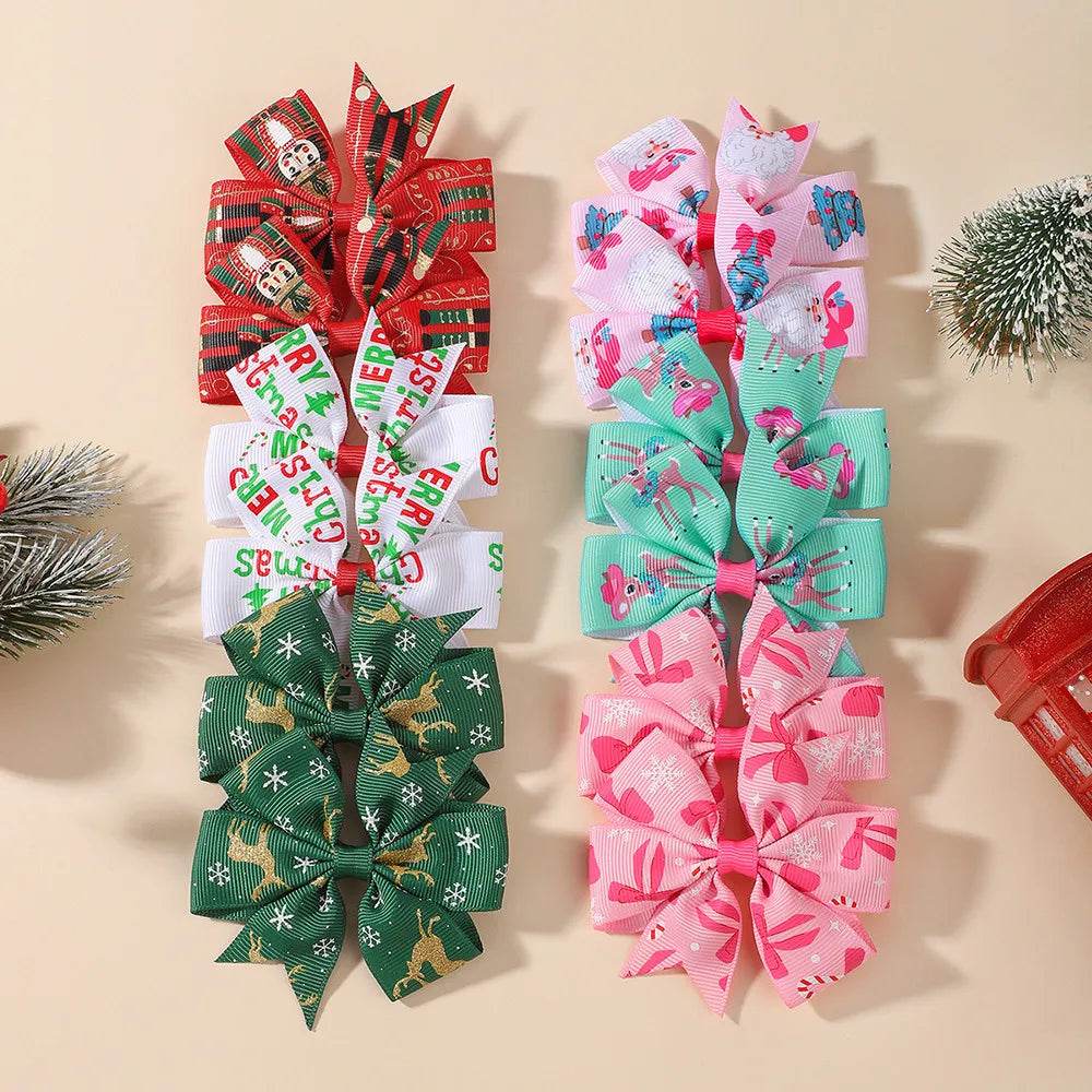 12Pcs Christmas Bow Hair Clips Set Printed Grosgrain Ribbon Pinwheel Bow Barrettes Little Girls Xmas Holiday Hair Accessories