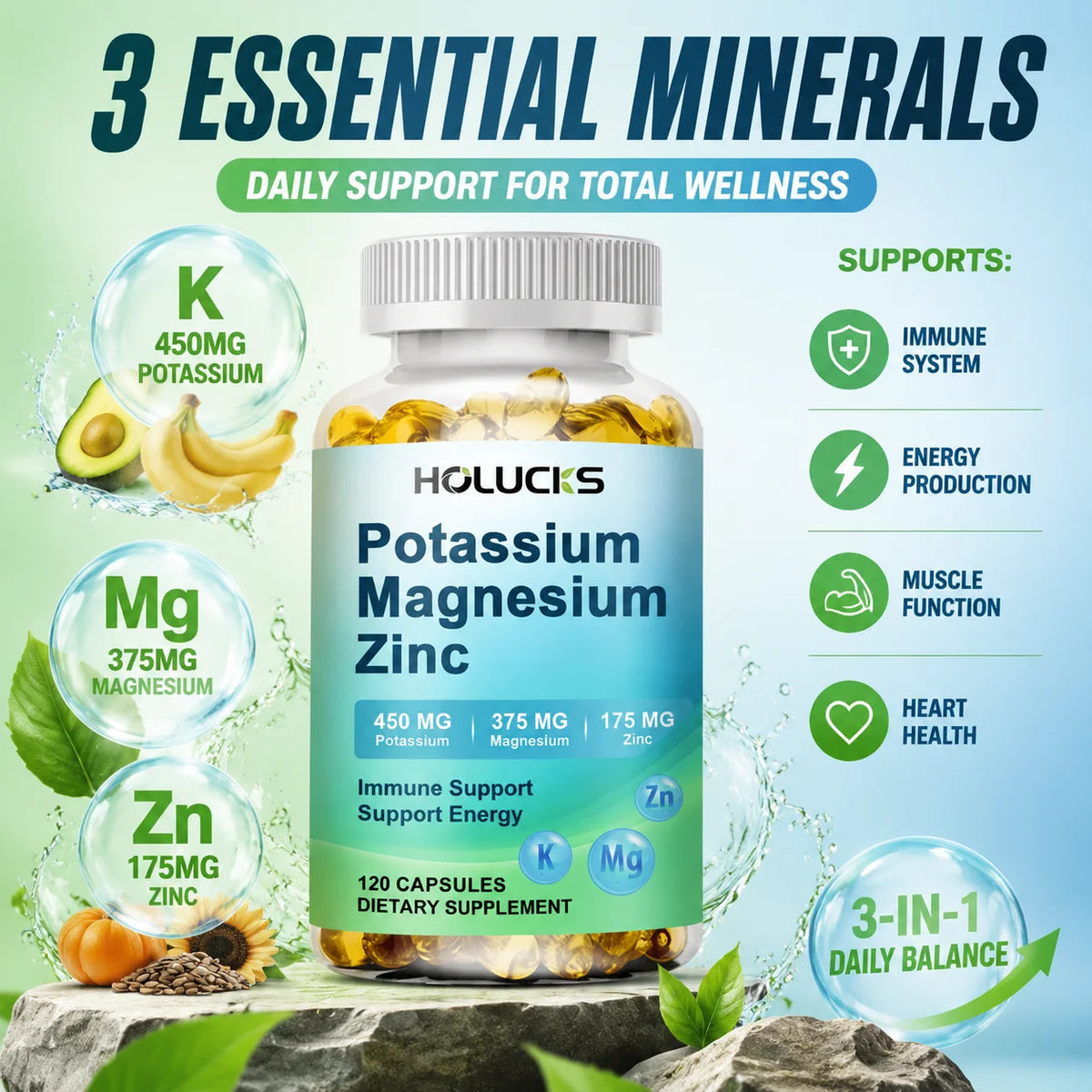 Potassium Magnesium Zinc Capsules - Bone & Heart Health Supplement, Sleep Support, Muscle Relaxation, Stress & Anxiety Relief