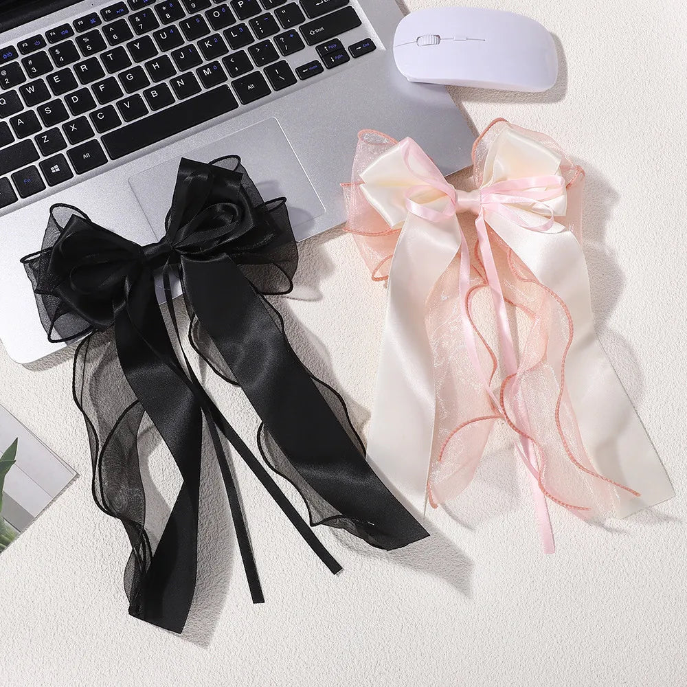 1Pcs Cute Lace Hair Bow Clip Coquette Bow Barrettes with Long Tail Ribbon for Women Christmas Valentines Wedding Accessories