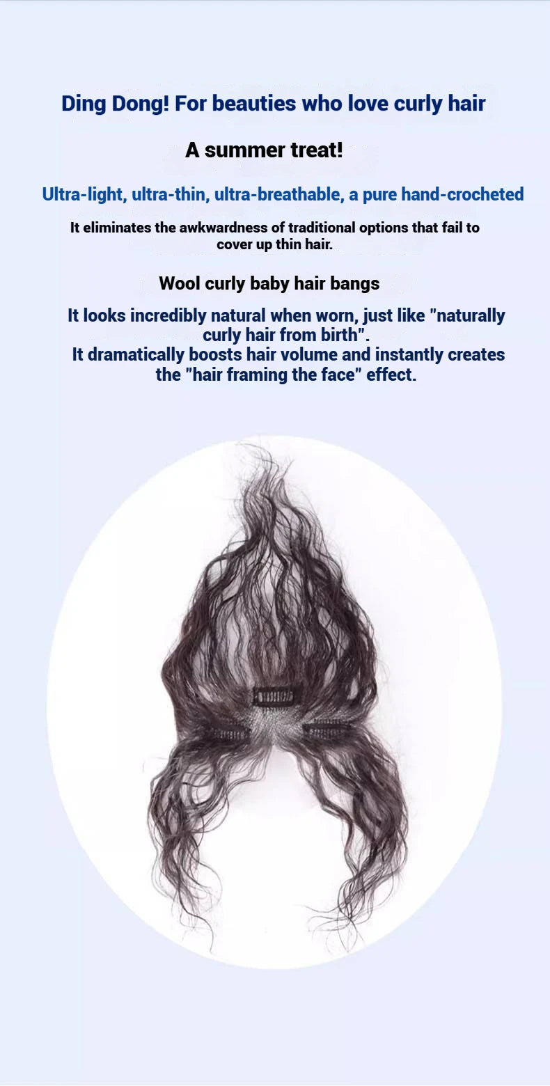 100% Human Hair Curly Bangs Toppers for Women Breathable Lace Base with Clips Curl Baby Hair Fringe Hairpiece for Thinning Hair