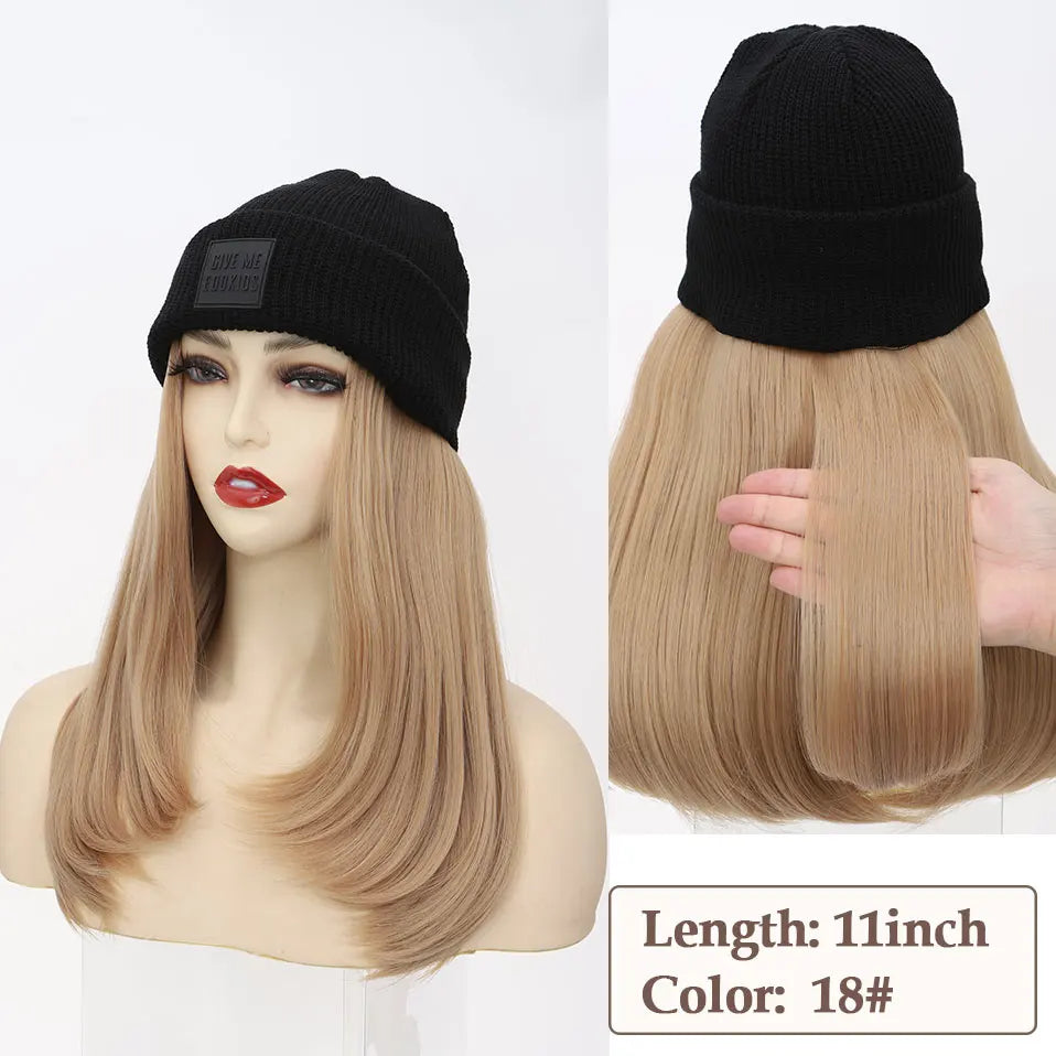 Hat Wig Knitted Beanie Wig Hat Hair Extension 11''18'' Long Wavy Curly Black Hat Wig Synthetic Hairpiece for Women Girls Winter