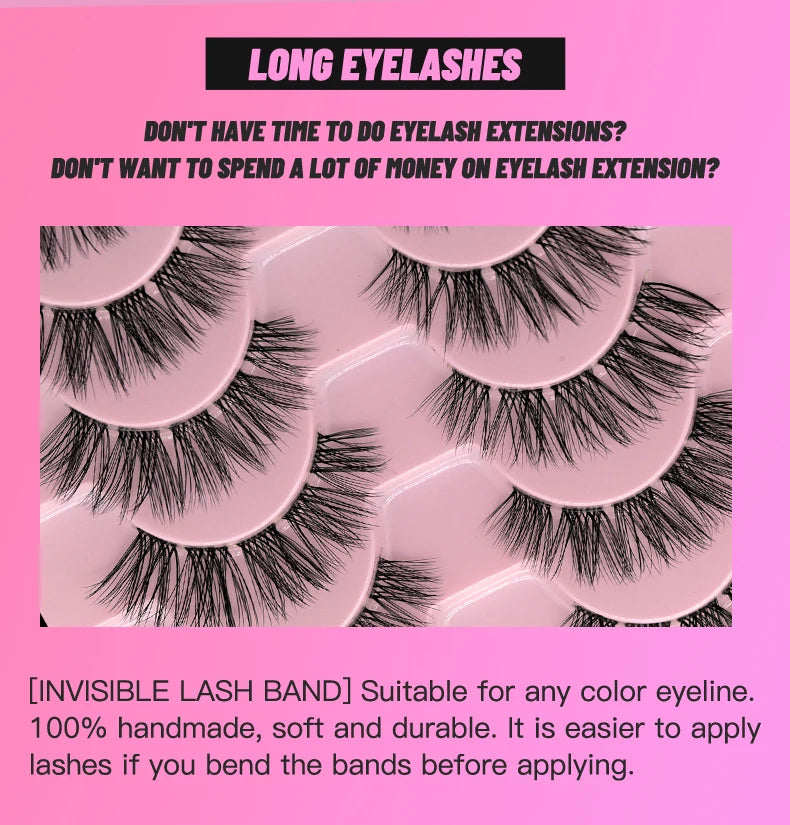 GROINNEYA Manga Lashes 5/10 Pairs 3D Clear Band Lashes Natural Look Mink Eyelashes Fluffy Cat Eye Lashes Pack Fake Eyelashes