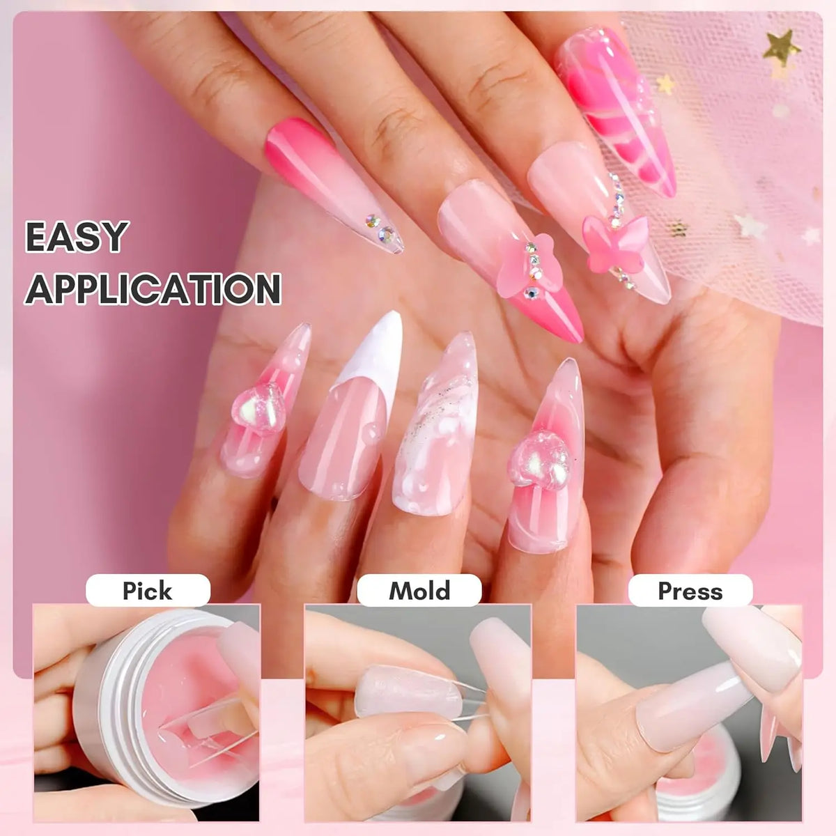 Makartt Solid Gel Builder: 4-in-1 Clear White Non-sticky for Extension 3D Sculpting Nail, UV Glue for Acrylic Tips, Rhinestones