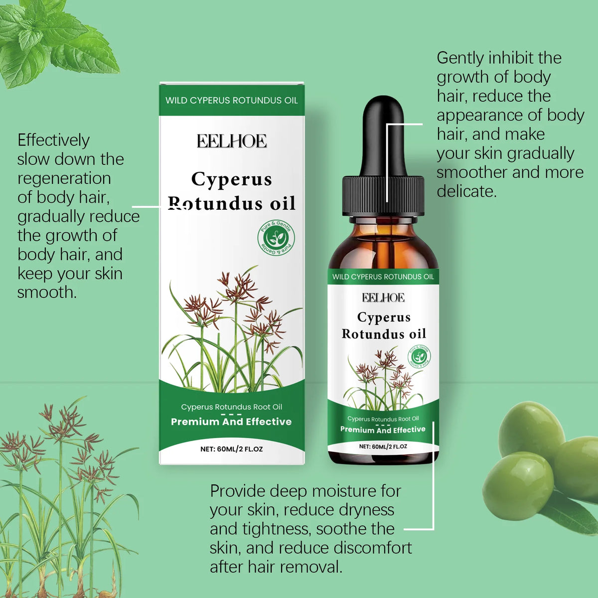 60ml Cyperus Rotundus Oil Gentle Hair Removal Care Oil Body Hair Inhibitor Serum Moisturizing Nourishing Natural Cypress Oil New