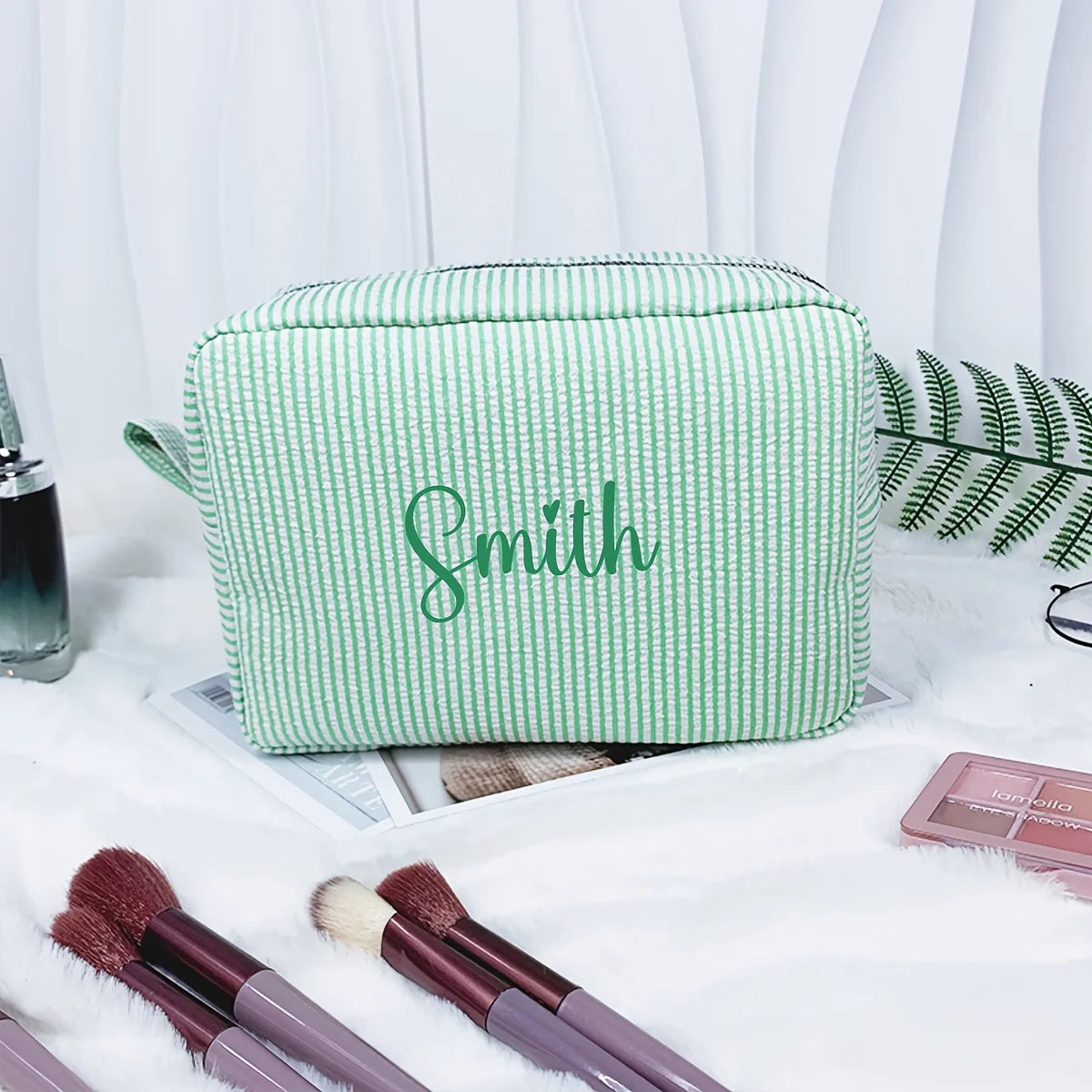 Custom Name Embroidered Makeup Bag Striped Cosmetic Pouch Travel Toiletry Organizer Large Capacity Zipper Pencil Case Gift Women