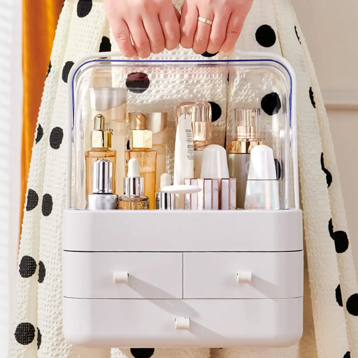Large Cosmetics Receiving Box Dust-Proof Desktop Makeup Organizer with Drawer for Skin Care Products Household Storage Box Shelf
