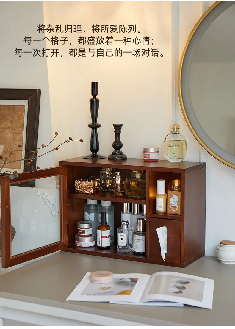 Mid Century Solid Wood Cosmetic Storage Box Drawer Organizer for Perfume Skincare Desktop Vanity Cabinet Rustic Makeup Holder
