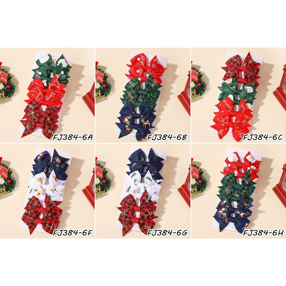 6Pcs/set Christmas Element Ribbon Bow Hair Clip Set Children's High-quality Ribbon Bow Hair Accessory Hairgripes