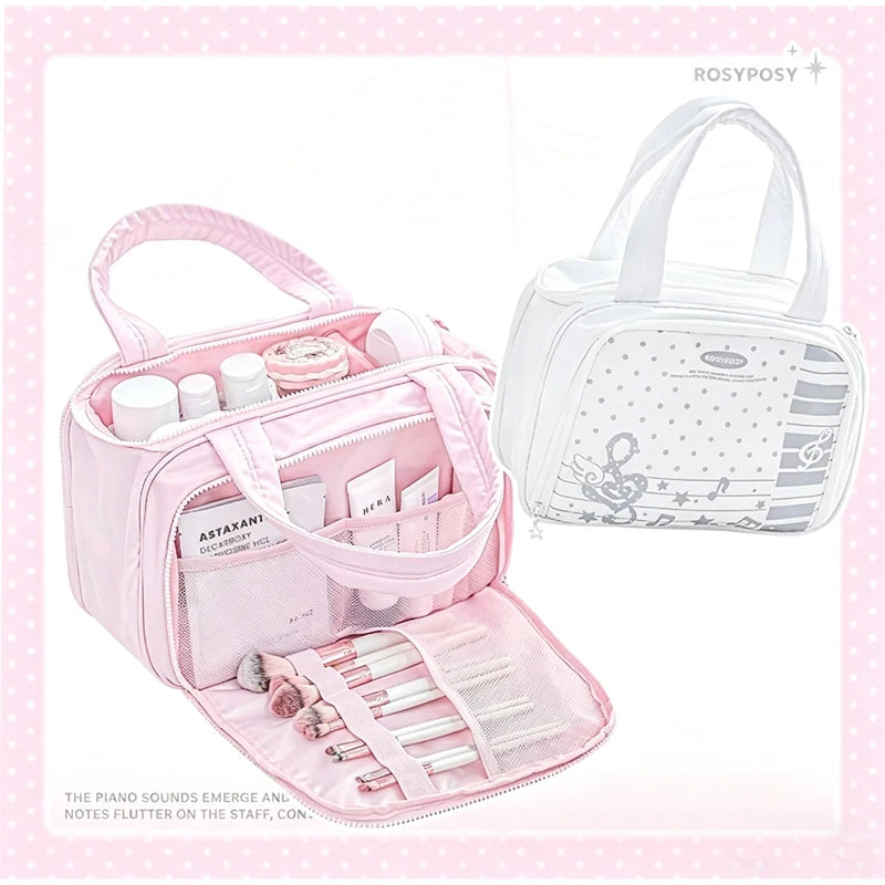 Large-capacity Partitioned Makeup Bag Sweet Cute Strawberry Musical Notes Handbag Portable Multi-layer Travel Toiletry Bags