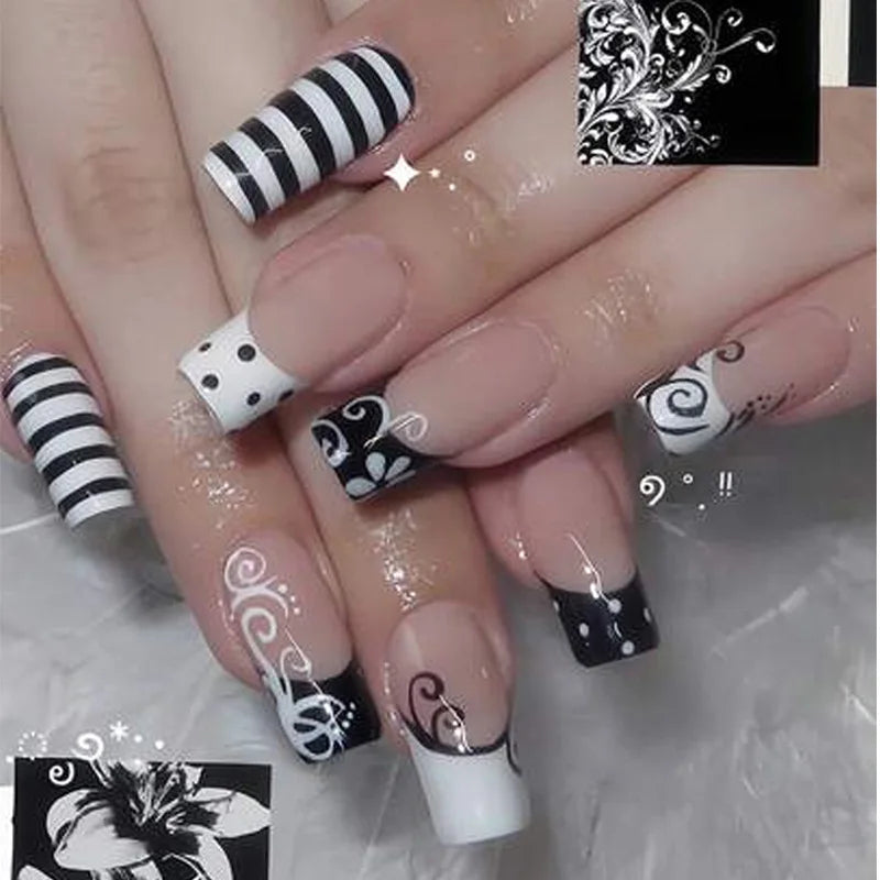 24Pcs Mid-length Square Head Press on Nails Black White Stripe French False Nails Full Cover Polka Dot Reusable Fake Finger Nail