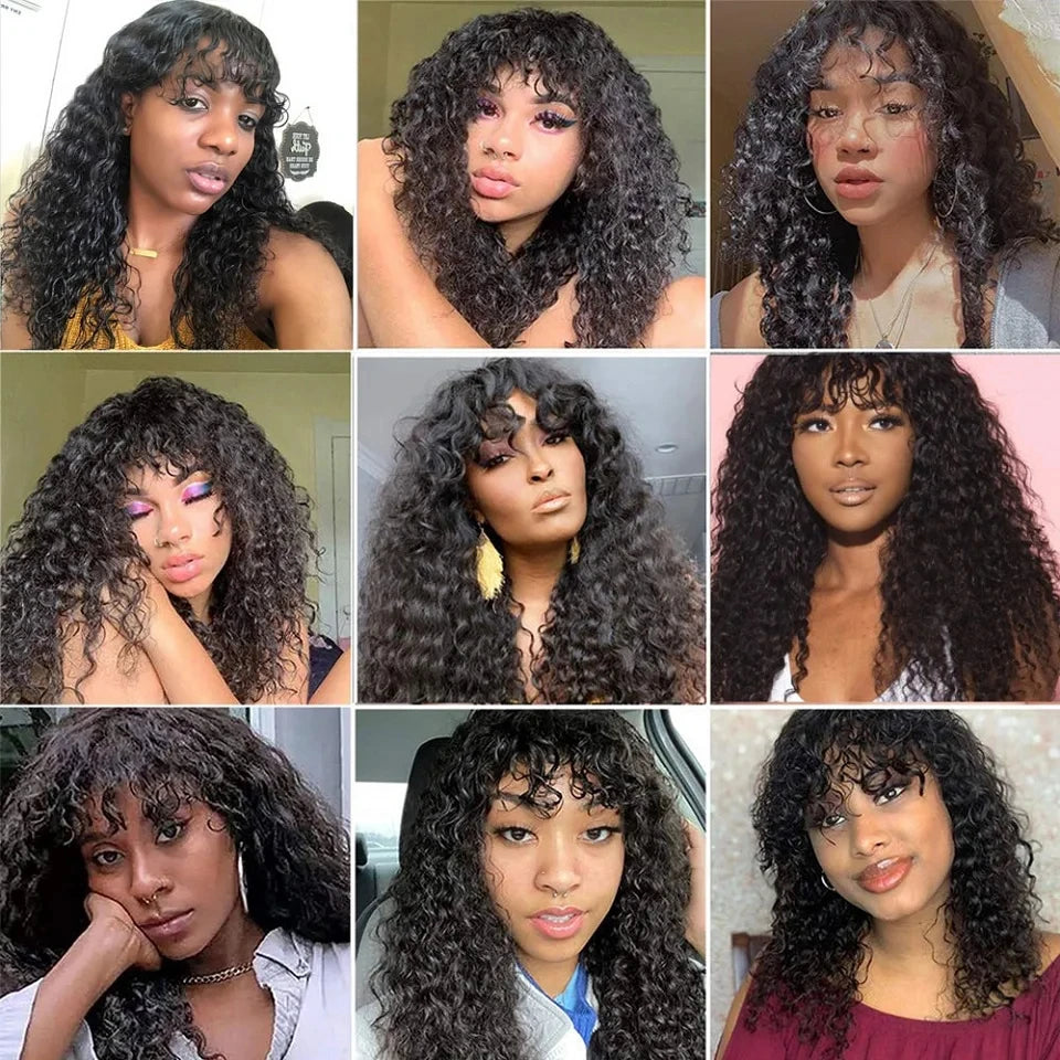 Water Wave Human Hair Wigs With Bangs For Women Full Machine Made Wigs Cheap Brazilian Remy Hair Wigs