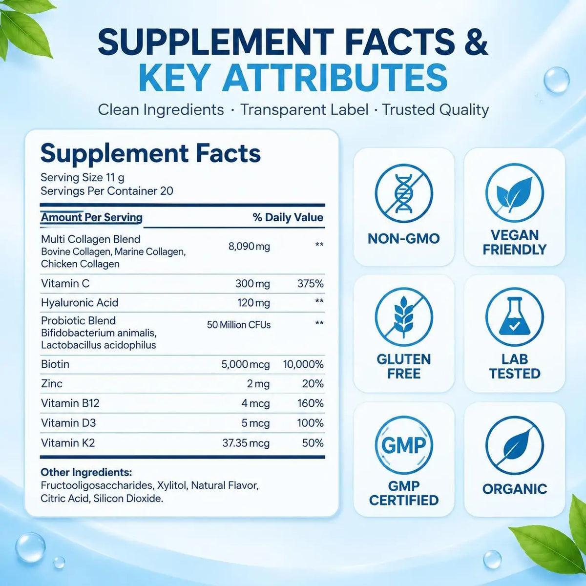Multi Collagen Powder 8090mg with Vitamin C Hyaluronic Acid Biotin Collagen Peptides Supplement for Skin Hair Joint, 20 Servings