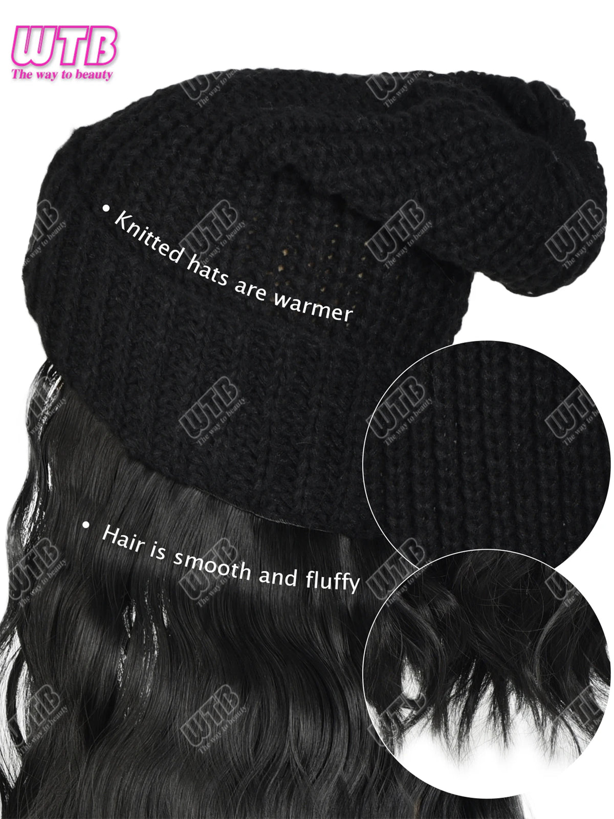 Synthetic Wig Black Hat With Long Curly Hair Extensions; Knitted Hat; Warm Ski Hat For Autumn And Winter
