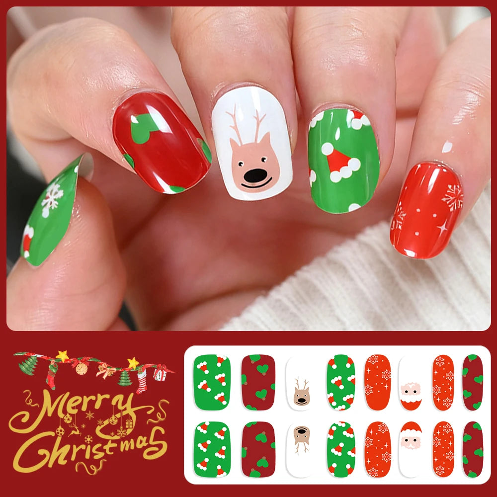 16Tips 3D Full Cover Christmas Series Nail Stickers Adhesive No Light Need Nail Art Wraps Strips Festival Manicure Polish Tips *