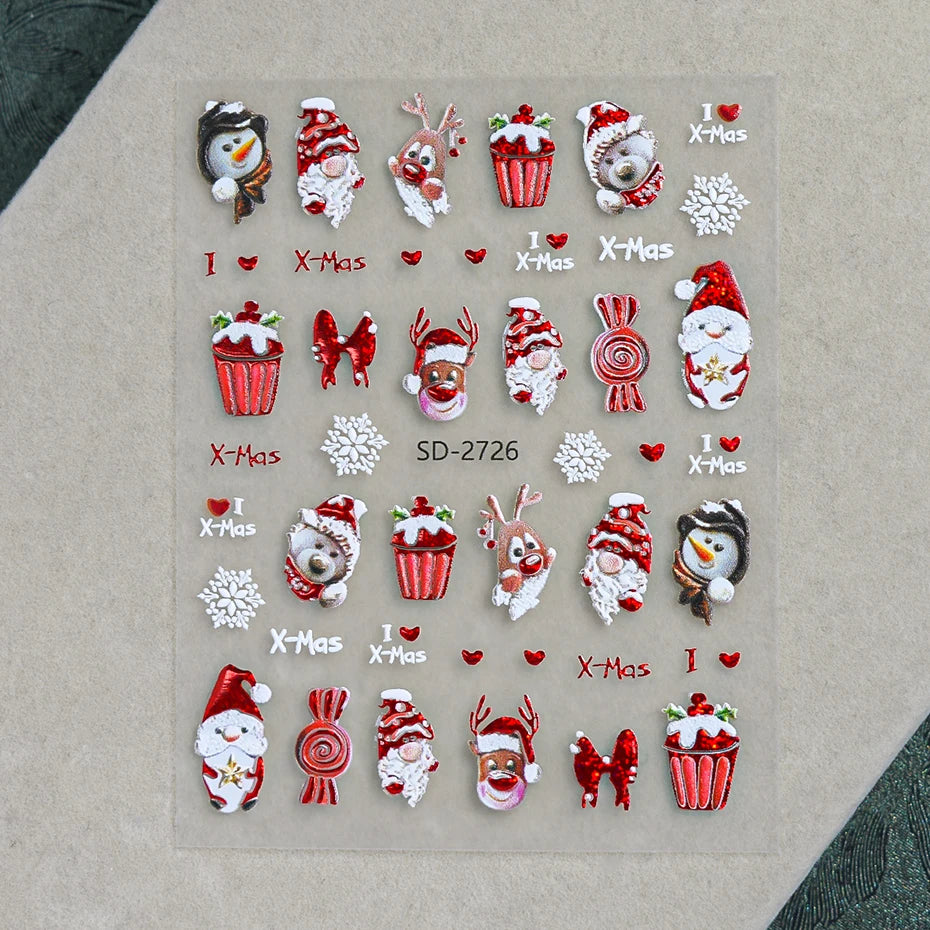 2 pcs Christmas Series Nail Stickers Cartoon Santa Claus Snowman Deer Bear Penguin Nail Decals Winter Xmas Holiday Nail Supplies