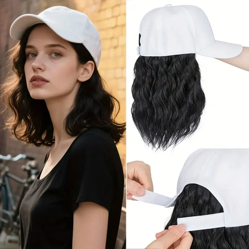 8" Short Wave Baseball Cap Wigs with Curly Hair Extensions for Women Daily Wear Synthetic Wave Adjustable Baseball Hat Wigs