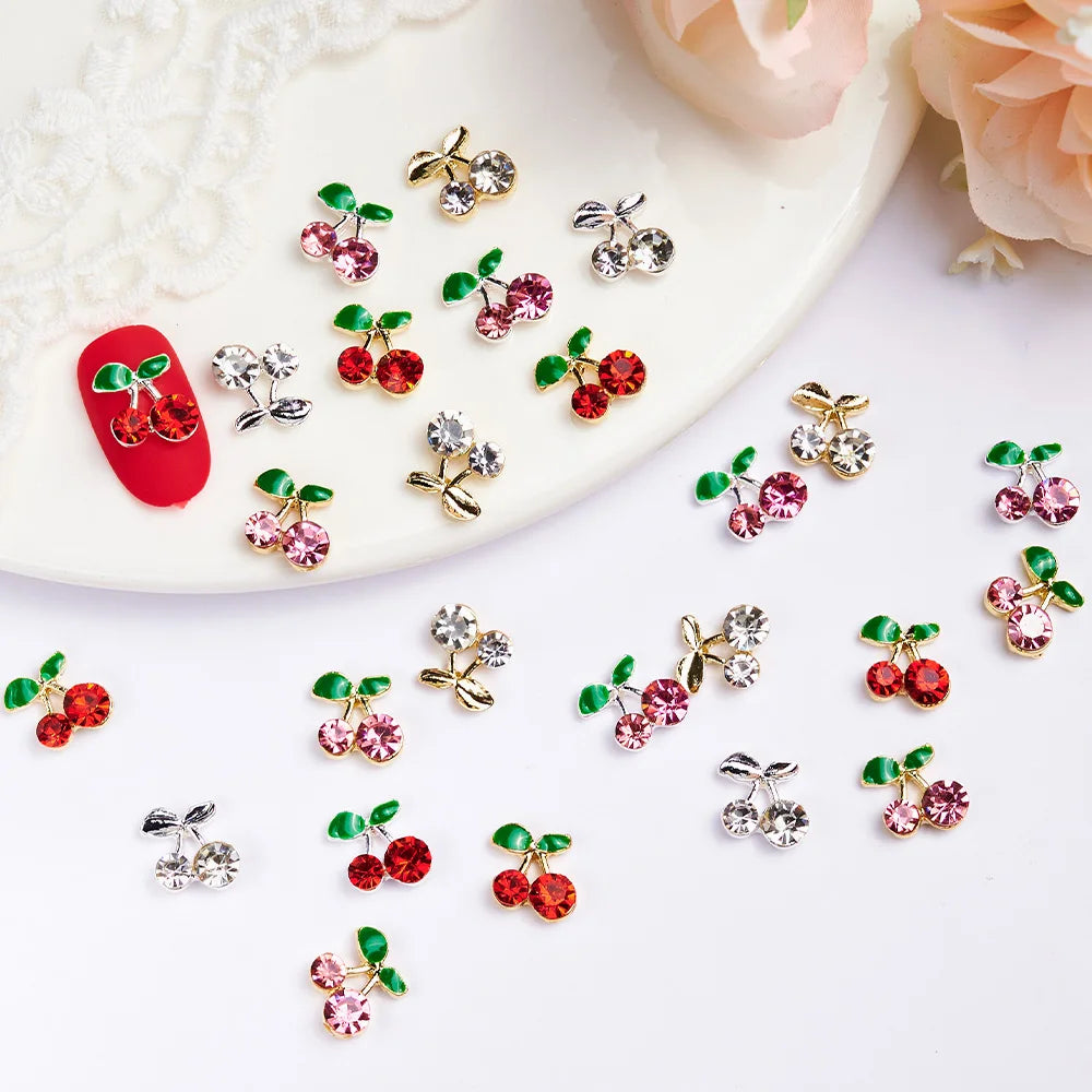 20Pcs Glitter Cherry Rhinestone 3D Nail Charms 10mm Red & Pink Cherry Christmas Nail Art Y2K Alloy Metal Gold Cherry Nail Part