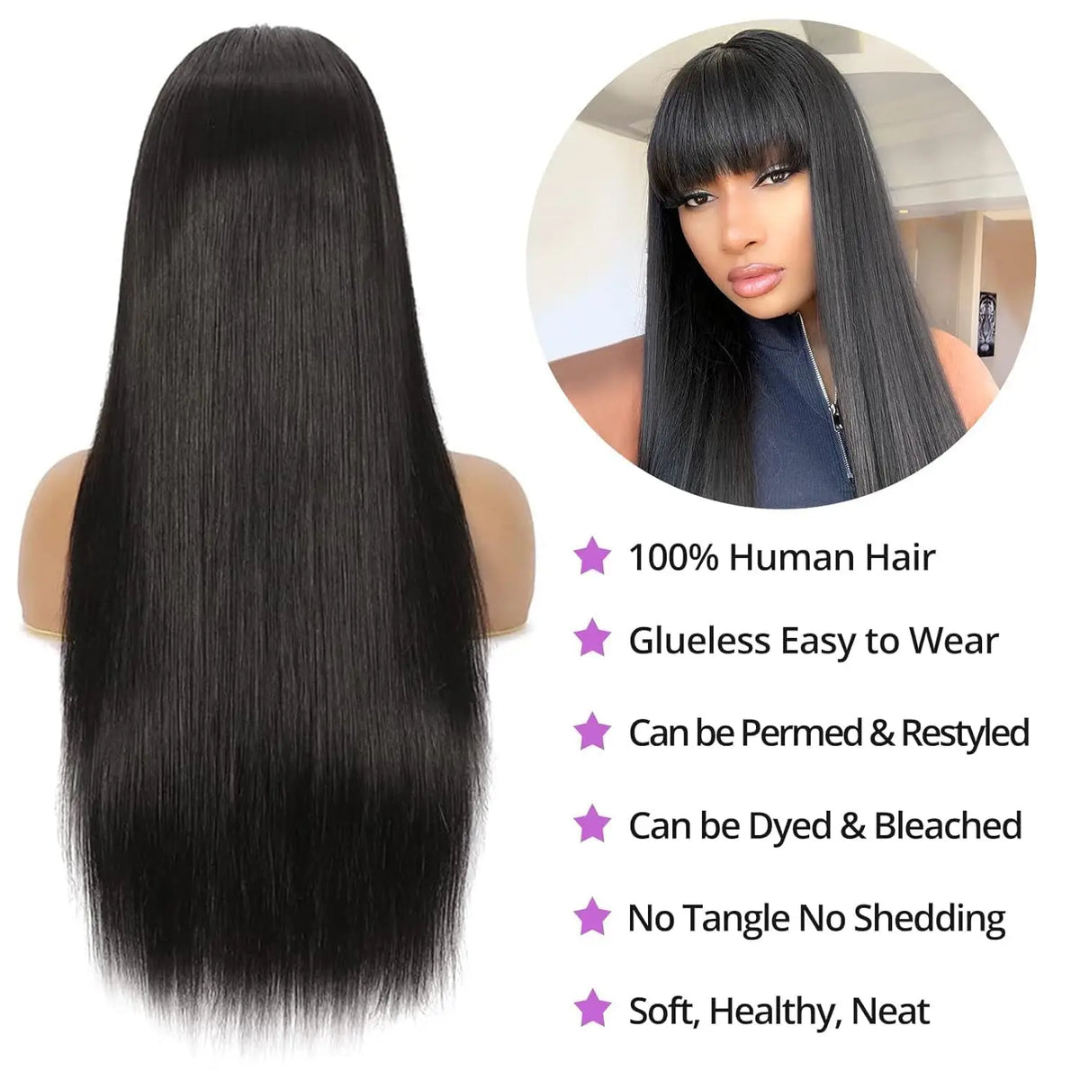 Peruvian 30 Inch Straight Full Machine Made Wig with Bang 180% Natural Human Hair Wig For Women Pre-Plucked Remy Hair Cheap Wig