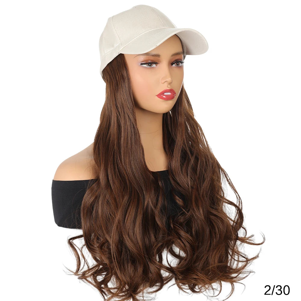20" Beige Baseball Cap Wig Water Wave Hat Hair Extensions One-Piece Synthetic Hair Women Natural Heat Resistant Daily Outdoor