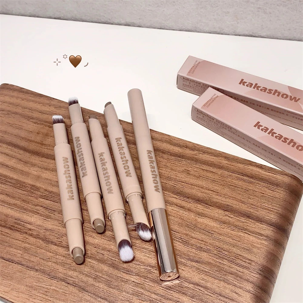 3D Contouring Pen Matte Bronzer Stick Grey Brown Nose Shadow Contour Pen With Brush Double Head Facial Contour Stick Makeup