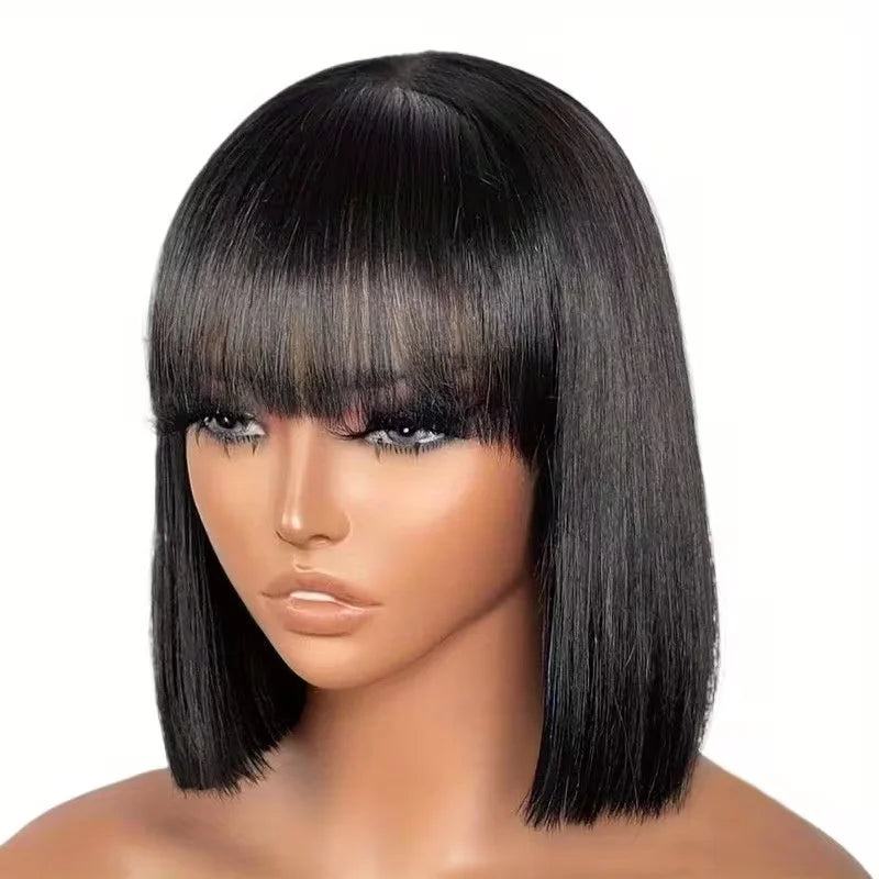 3X1 Middle Part Lace Curly Bob Wigs With Bangs Brazilian Hair Machine Made Short Bob Wig With Realistic Scalp Natural Black Color