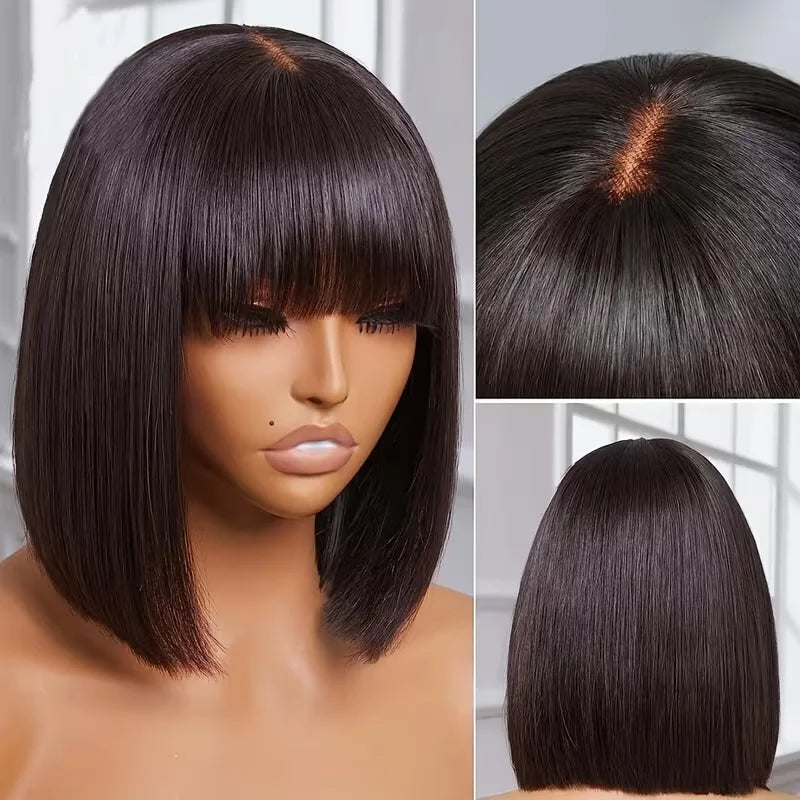 3X1 Middle Part Lace Curly Bob Wigs With Bangs Brazilian Hair Machine Made Short Bob Wig With Realistic Scalp Natural Black Color