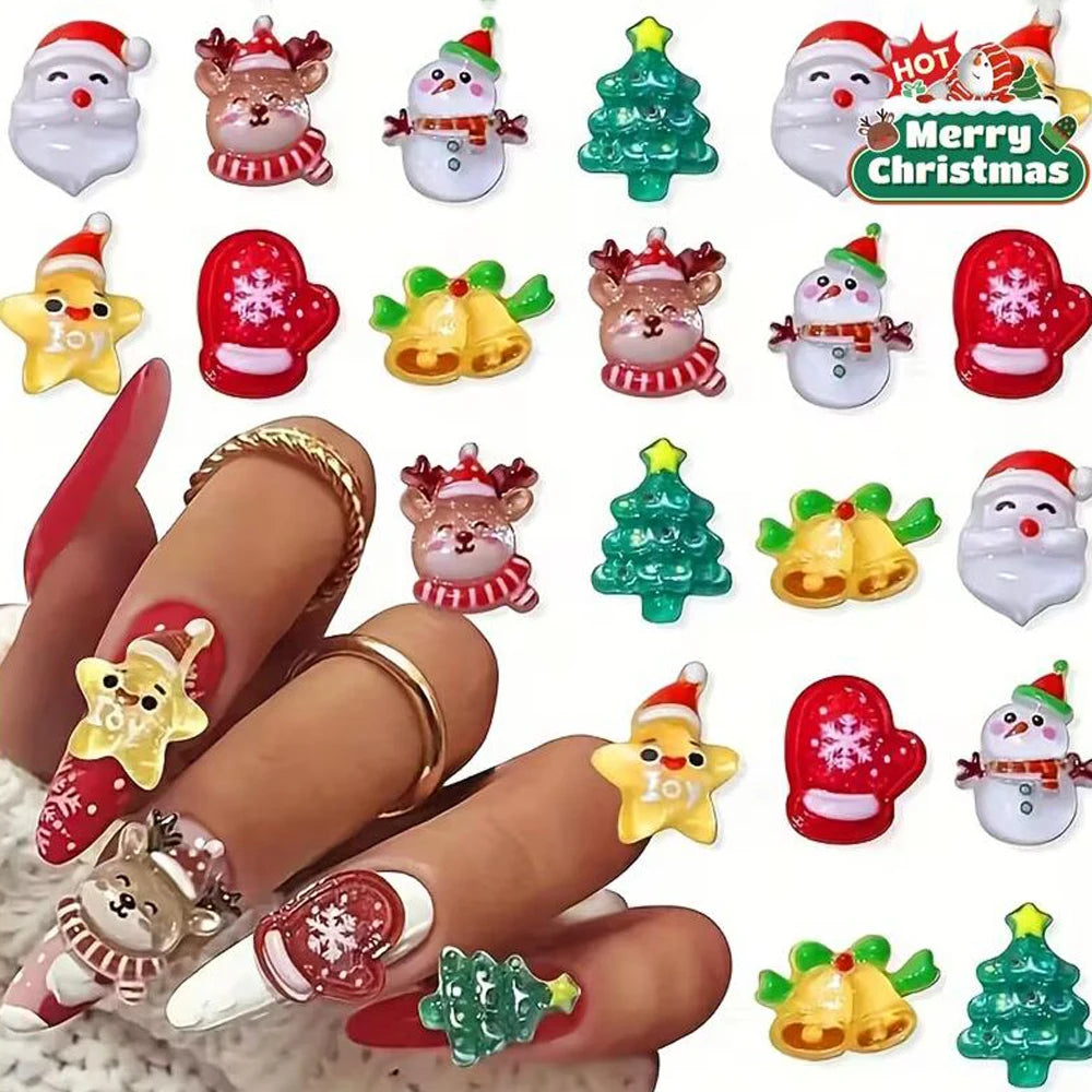 30/50pcs 3D Christmas Snowman Nail Charms Cartoon Resin Flatback Christmas Tree Elk Stars Nail Decorations Xmas Nail Supplies *#