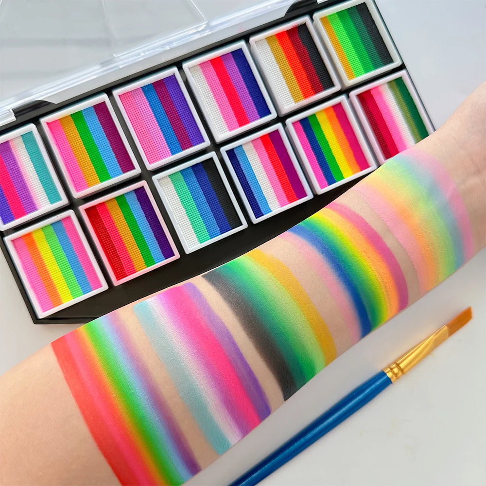 12-Color Rainbow Face and Body Paint Kit, Water-Soluble, Vibrant Palette with Brush for Halloween, Cosplay, Parties,Party Makeup