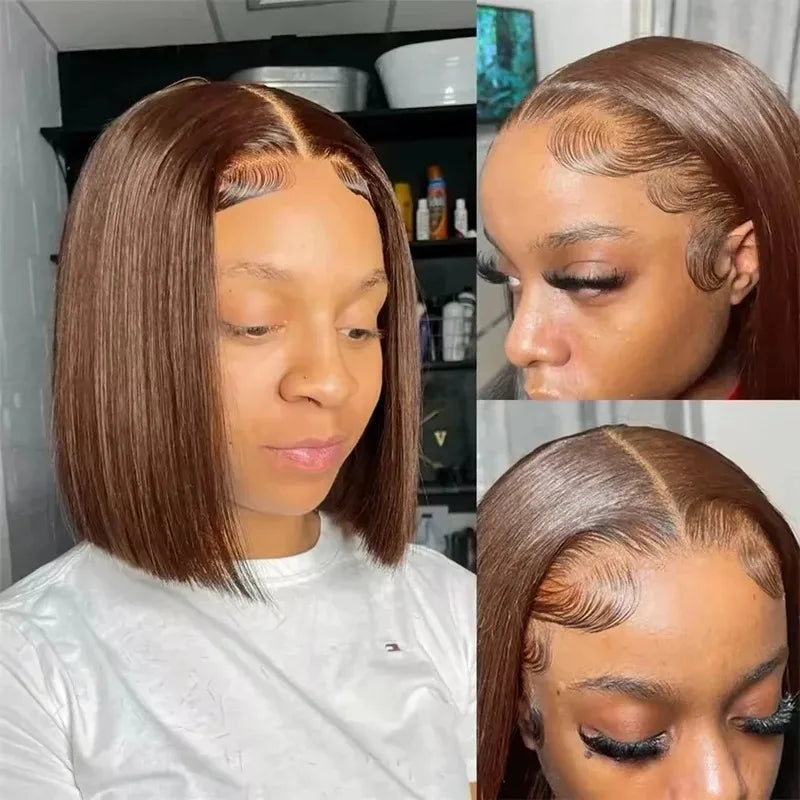 13X4 Chocolate Brown Straight Bob Wig 4X4 Silky Straight HD Lace Frontal Wig Natural Hairline Pre Plucked Human Hair 100% 16Inch