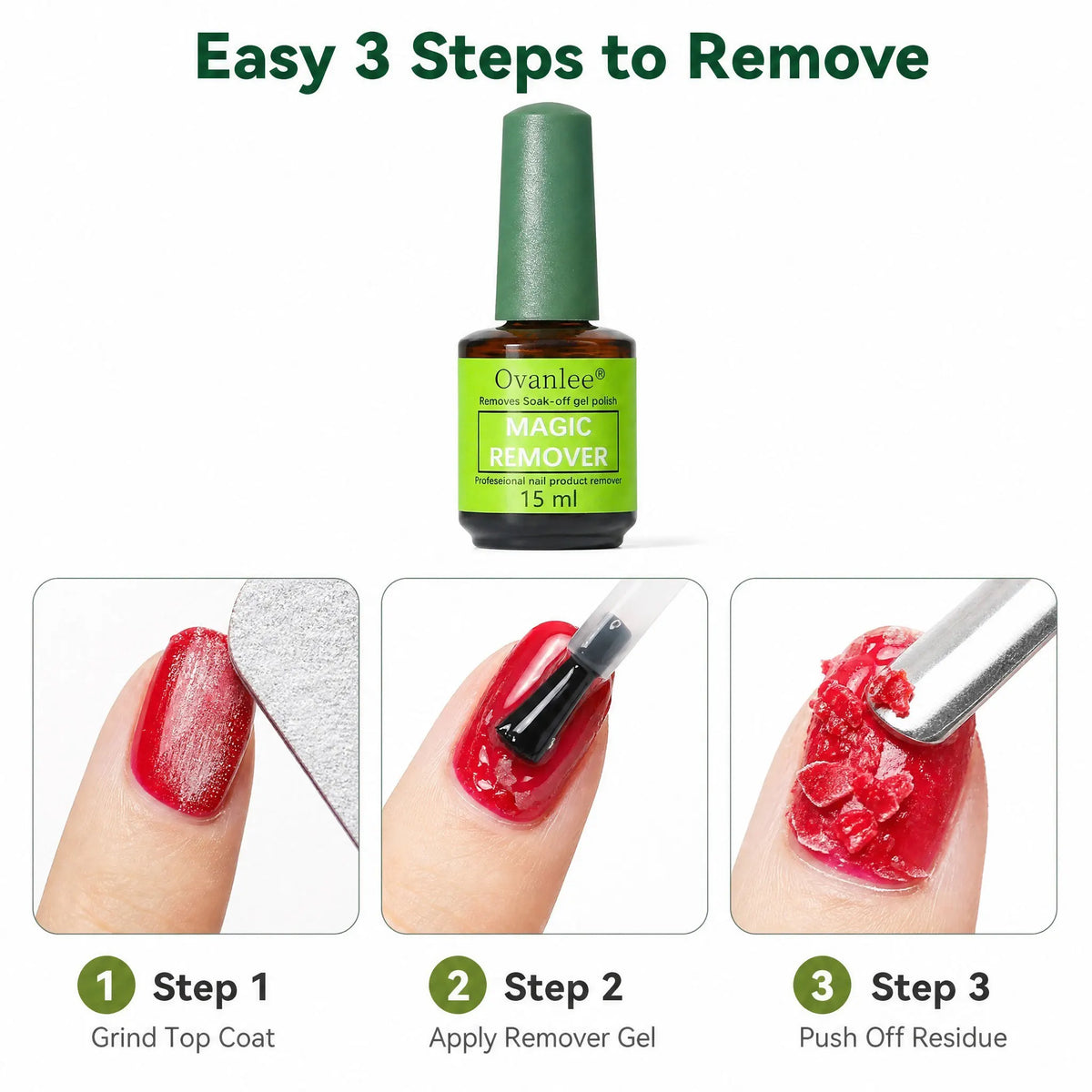 Ovanlee 2-Pack Magic Nail Gel Remover – 15ml X 2 Acetone-Free Fast 3-5 Min Burst UV Polish Dissolver, No Foil Wraps, Low Odor & Gentle, Easy Peel-Off Gel Remover for DIY Manicure