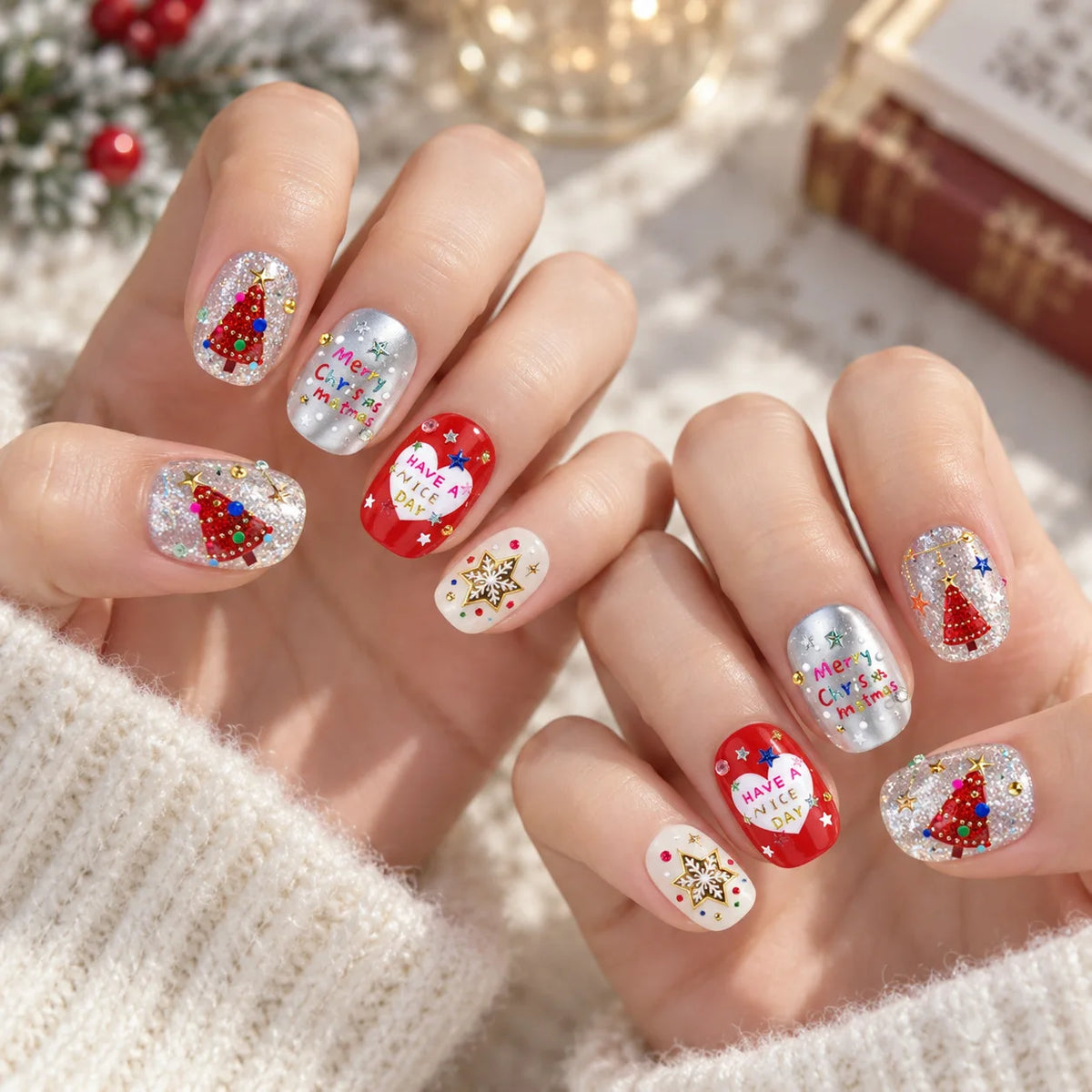 Christmas Nail Stickers Colorful Christmas Trees Hearts Snowflakes Stars Pattern Nails Accessory Self-adhesive Nail Art Sticker
