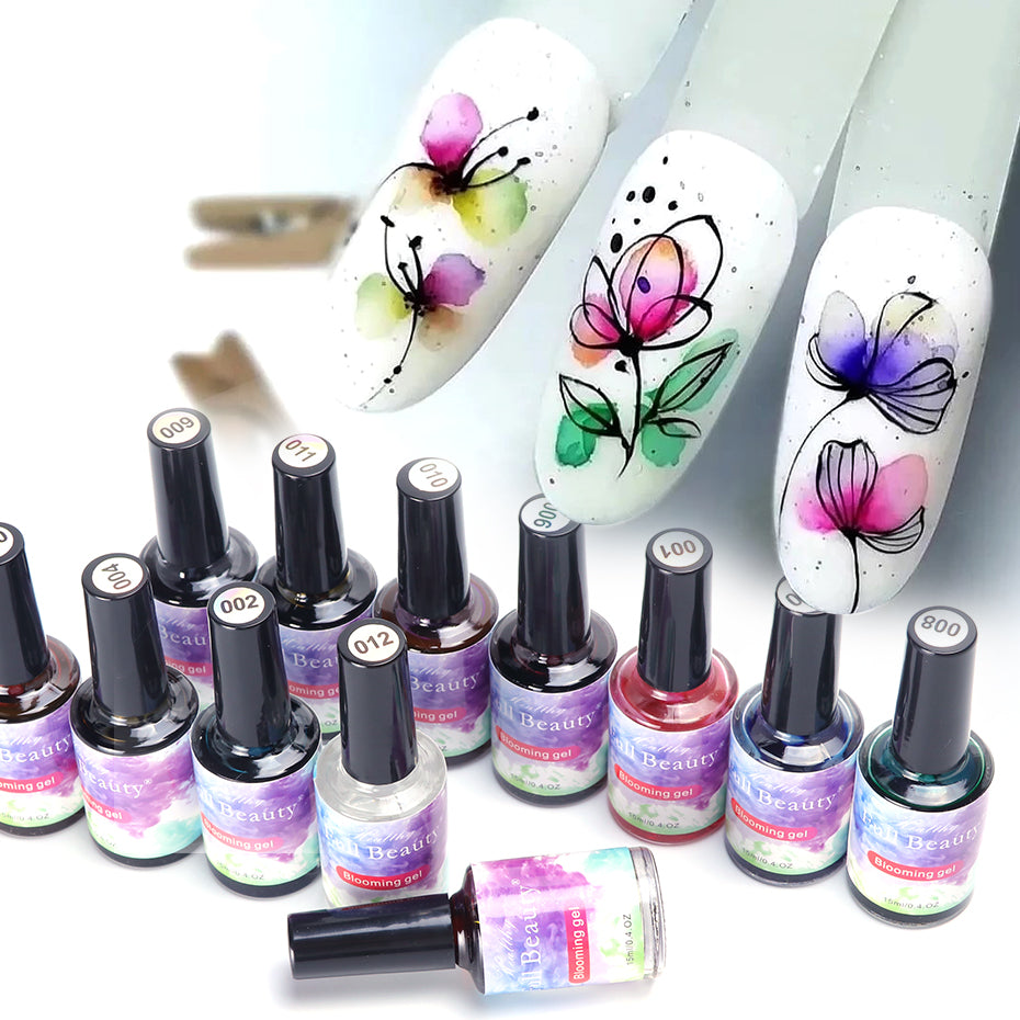 12pcs Watercolor Nail Gel Polish Smudge Blooming Ink Soak Off Varnish Marble Bubble Designer Charm Blossom Flower Manicure Decor