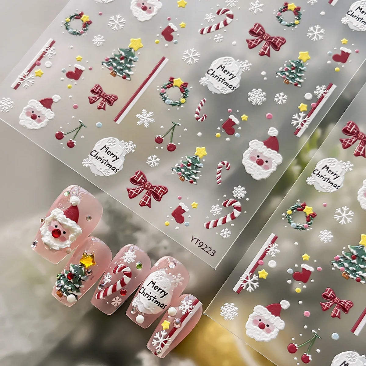 Christmas Wreath Snowman Xmas Tree Bowknot Snowflakes Gingerbread Man Bear Star Bell Apple Nail Art Charms Stickers Phone Decals
