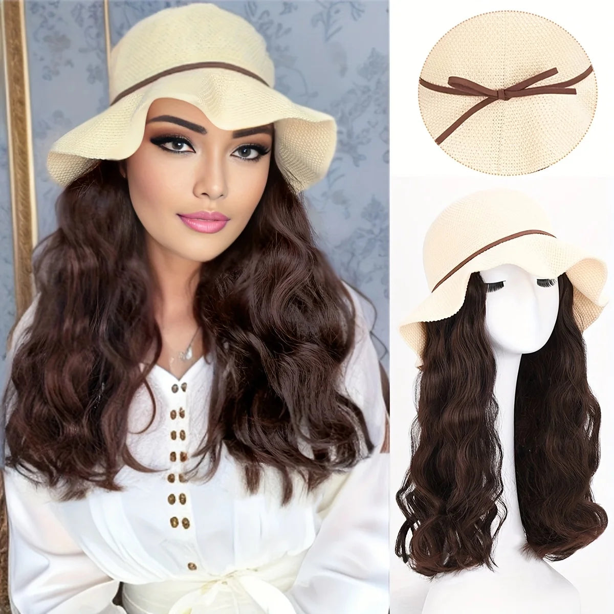 Synthetic Long Curly Wave Hair Women's Summer Sun Hat Wig - Breathable Bow Ribbon Fisherman Hat Wig hat wig in one