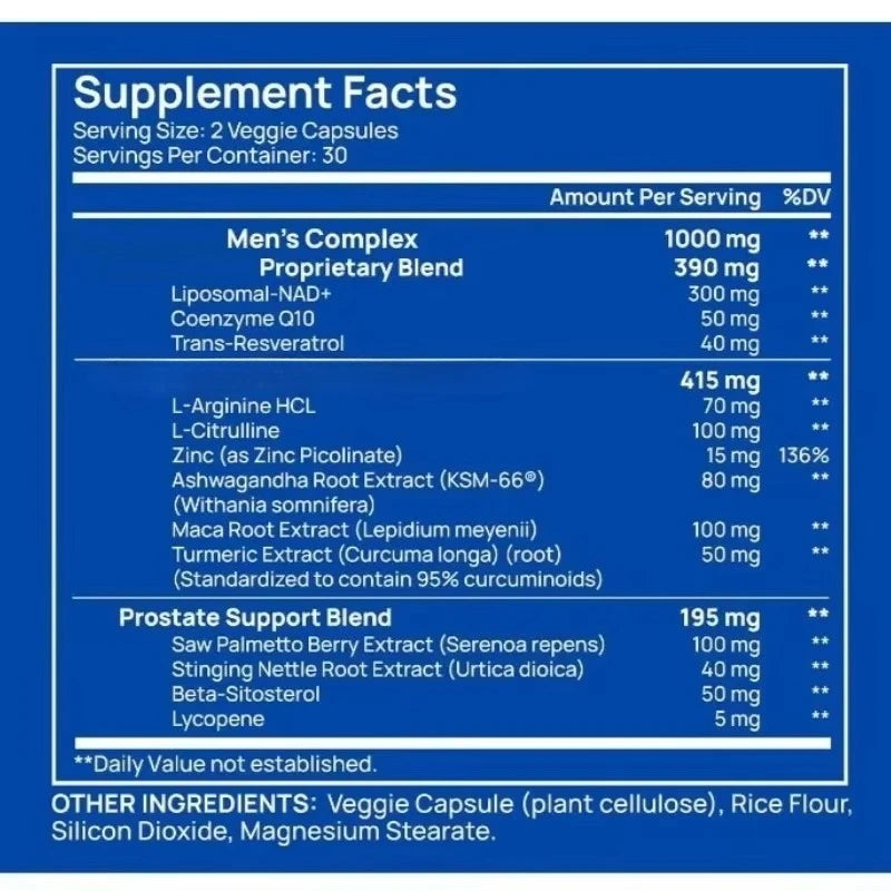NAD+ Men’s Complex with L-Arginine CoQ10 & Resveratrol – Daily Energy Antioxidant & Wellness Support Vegan Non-GMO 60 Capsules
