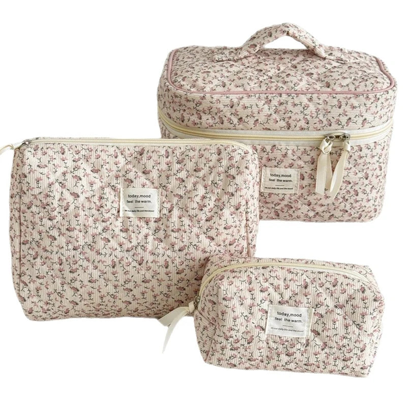 【Sweet Corduroy Floral Cosmetic Bag Portable Large Capacity Storage Bag Travel Makeup Bag Toiletry Organizer For Girls】