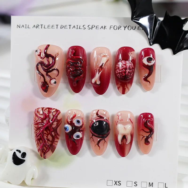 30pcs Bloody Red French Style Fake Nails Spooky 3d Eyeballs Tooth Vascellum Decor Press On Nails Horror Halloween False Nail