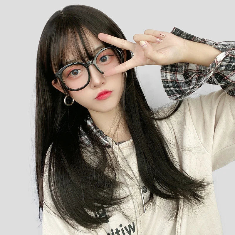 Korea Hair Extensions Synthetic Cute JK Girl Cosplay Air Bangs Wig Breathable Head Cover 50cm Long Straight Wig Hat for Women