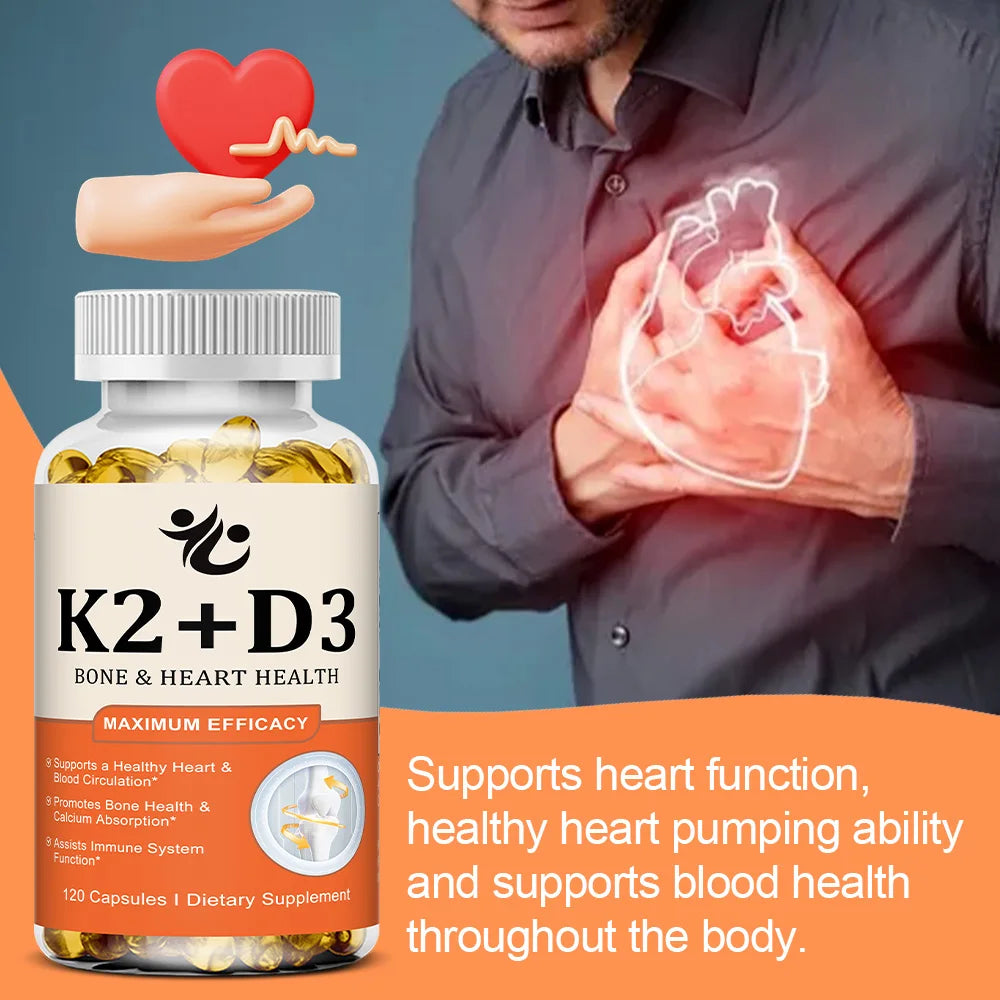 Vitamin D3 + K2 Capsules, Support Calcium Absorption, Bone & Joint Wellness, Cardiovascular Function and Immune System Health