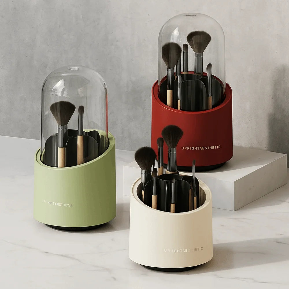 Large Capacity 360° Rotating Makeup Brushes Holder Waterproof Dustproof Cosmetic Storage Box Transparent Cover with Lid