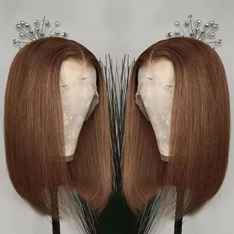13X4 Chocolate Brown Straight Bob Wig 4X4 Silky Straight HD Lace Frontal Wig Natural Hairline Pre Plucked Human Hair 100% 16Inch