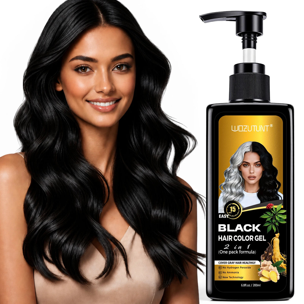 Black Hair Color Gel, 15-Minute Gray Coverage Brush-On Pump for Men and Women, Plant-Extract Blend 6.8 FL oz