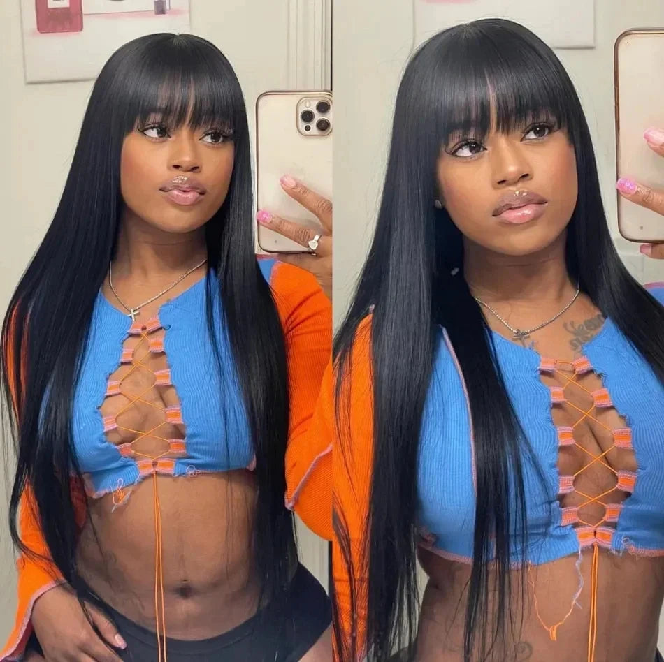 Rosslyn Straight Human Hair Wigs With Bangs 1b Black Wig Not Lace Natural Color Full Machine Wig From Brazilian Original